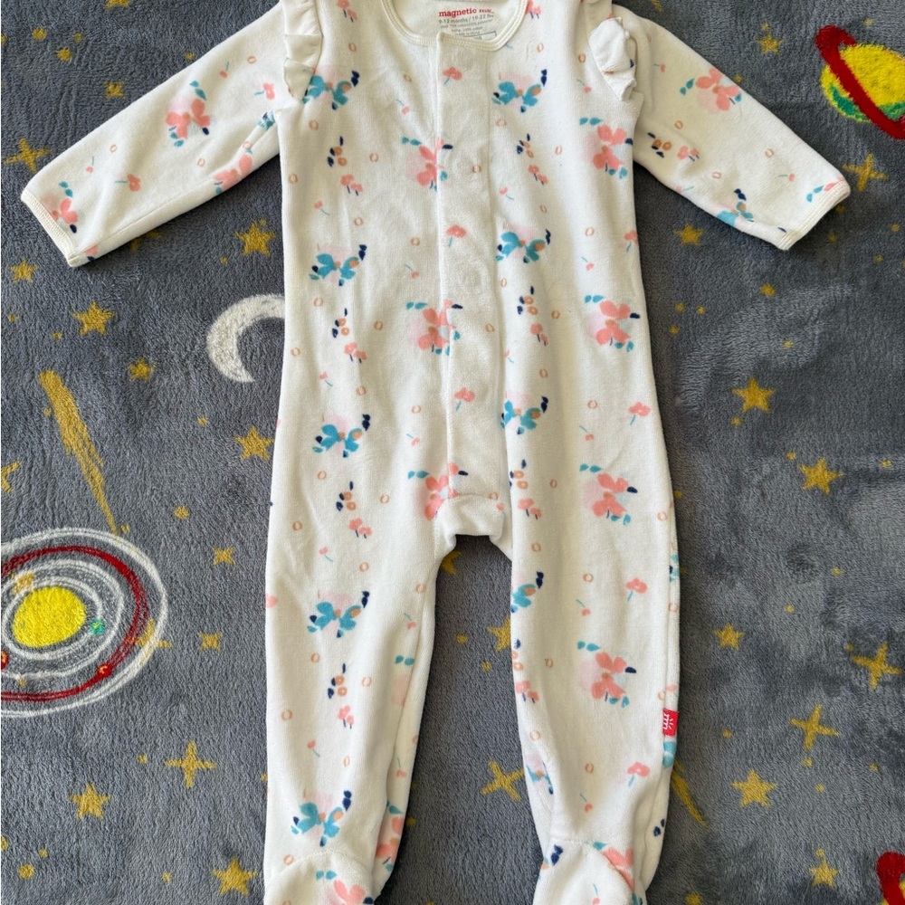 Magnetic Me Pink Blue Butterfly Floral Ruffle Footie Velour Winter 9-12 mo 19-22